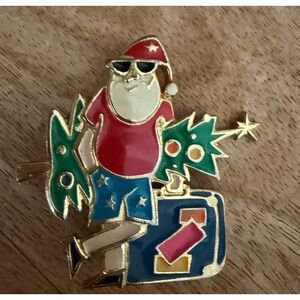 Vtg Edgar Berebi Christmas Santa in shorts traveling Beach Brooch Pin 1990s Read